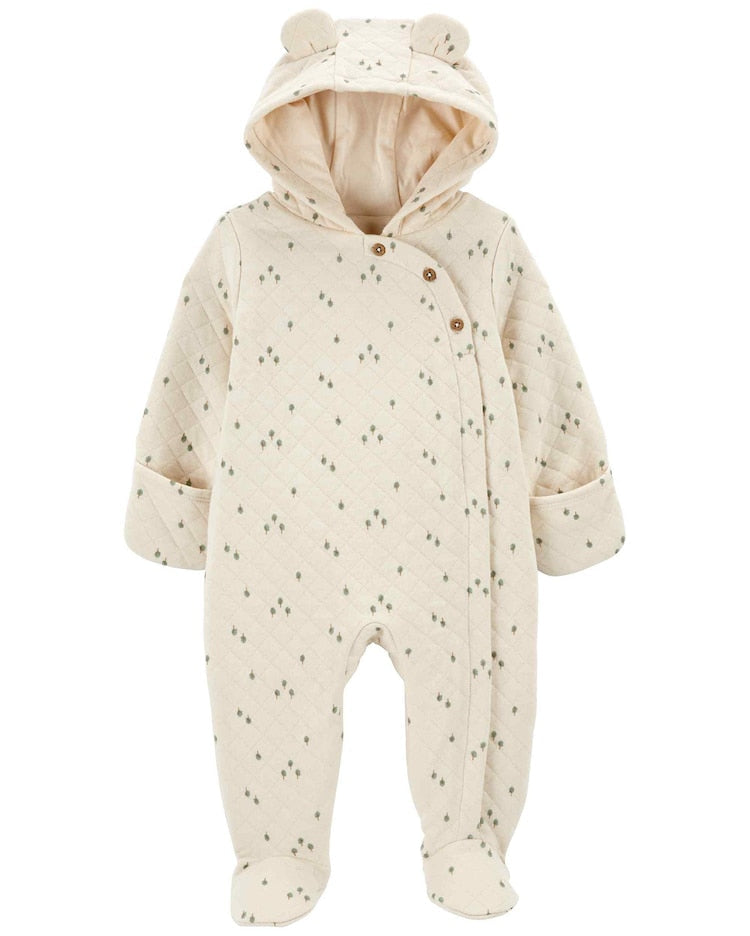 Macacão bebê matelassê com capuz árvores orelhinha bege | Carter's