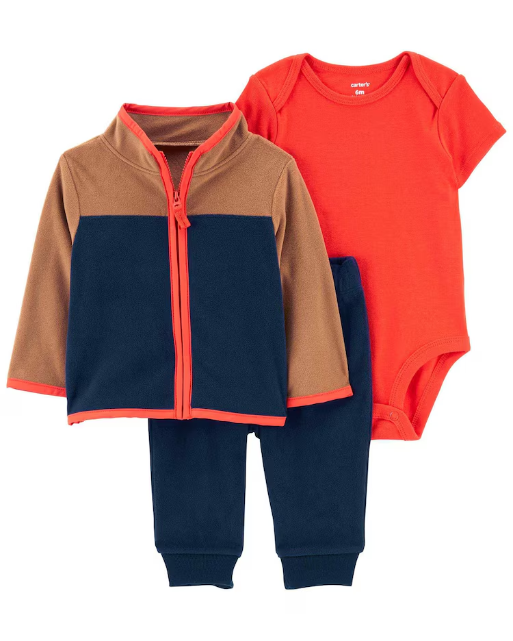 Conjunto longo bebê 3 peças de fleece com zíper multicor |