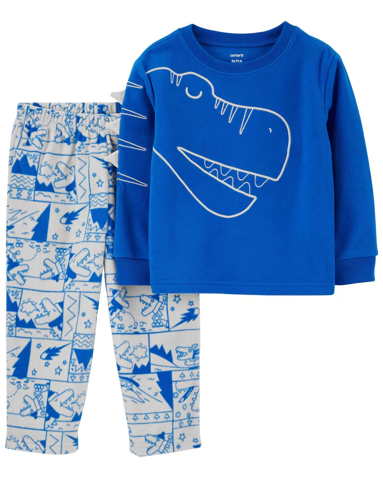 Pijama longo infantil 2 peças de fleece dinossauro azul |