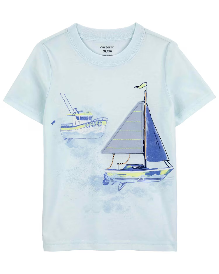 Camiseta infantil manga curta barco de pesca azul |