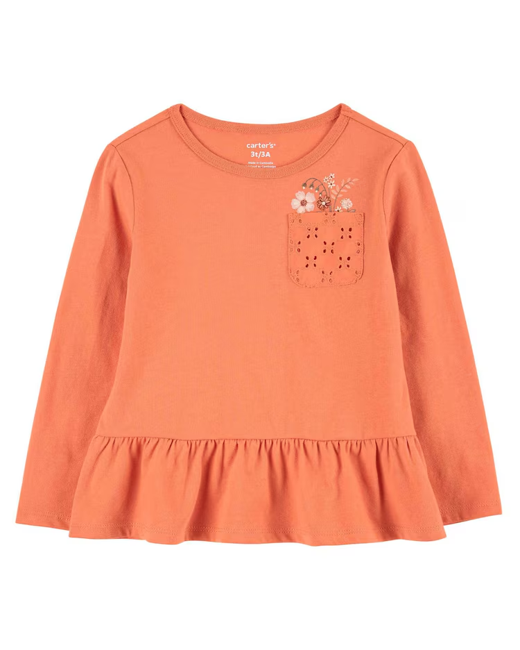 Camiseta infantil manga longa com babado e bolso laranja |