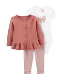 Conjunto longo bebê 3 peças listrado e borboleta rosa | Carter's 