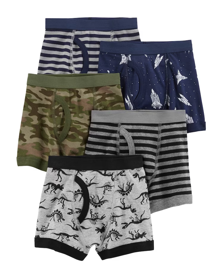 Kit Cueca Boxer Infantil 5 Peças Algodão Azul Marinho/Cinza Mescla/Verde Militar Tam 2 a 8