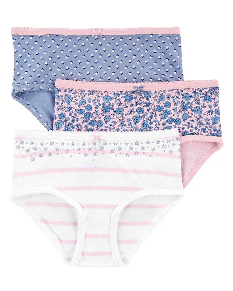 Kit Calcinha Infantil 3 Peças Floral Azul/Rosa/Branco Tam 2 a 8