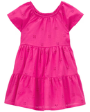 Vestido infantil evasê em laise rosa |