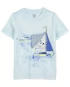 Camiseta infantil manga curta barco de pesca azul |