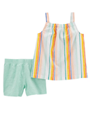Conjunto curto infantil de linho listrado multicor |
