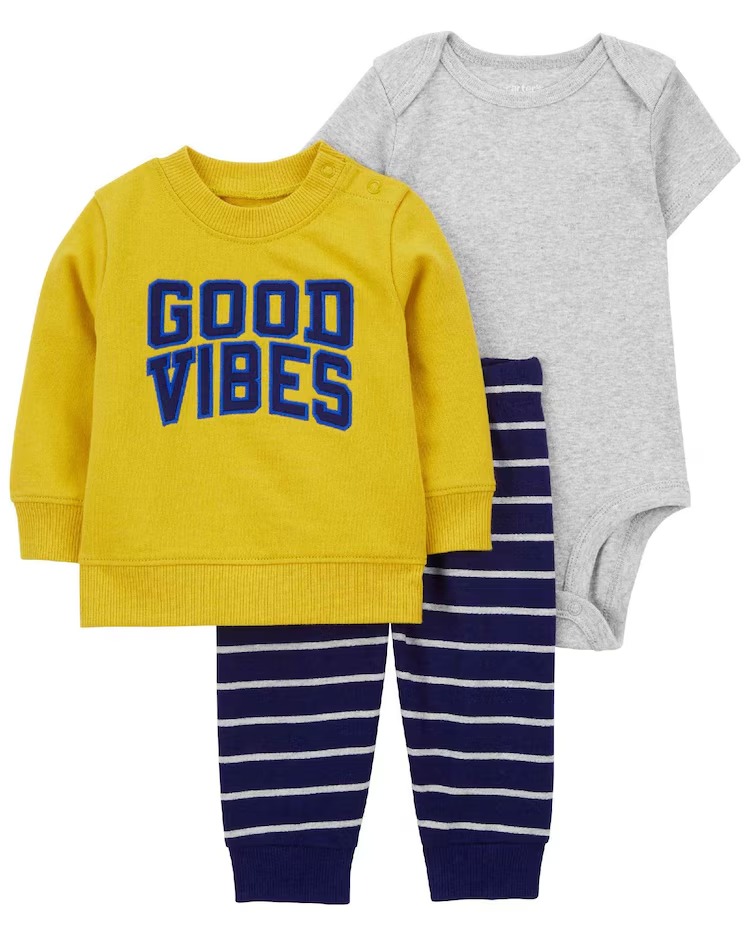Conjunto longo de moletom bebê 3 peças good vibes multicor |