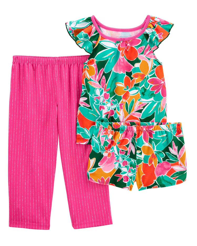 Pijama longo infantil 3 peças tropical com babados verde |