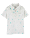 Camisa polo infantil com bolso coqueiros e pranchas cinza |
