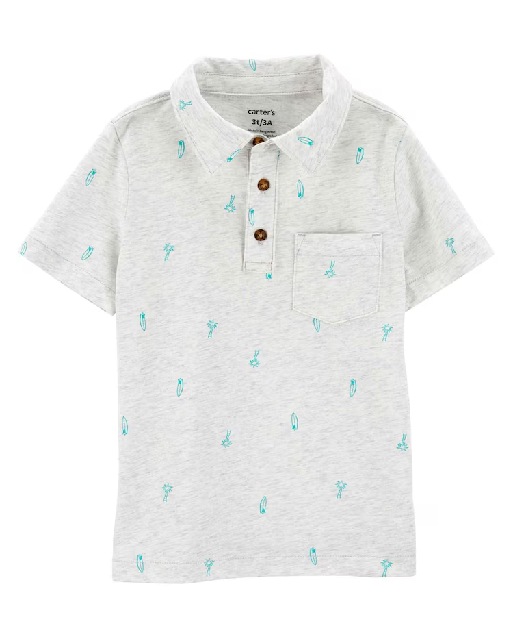Camisa polo infantil com bolso coqueiros e pranchas cinza |